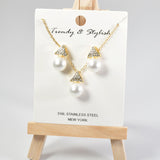 101272, PEARL & PAVE TRIANGLE STAINLESS STEEL PENDANT NECKLACE SET