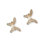 101319, GOLD DIPPED, BUTTERFLY CUBIC ZIRCONIA PEARL STUD EARRING