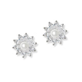 101322, GOLD DIPPED, PEARL ACCENT FLOWER CUBIC ZIRCONIA STUD EARRING
