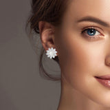 101322, WHITE GOLD DIPPED, PEARL ACCENT FLOWER CUBIC ZIRCONIA STUD EARRING