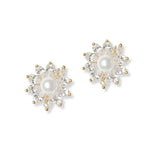 101322, GOLD DIPPED, PEARL ACCENT FLOWER CUBIC ZIRCONIA STUD EARRING