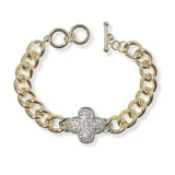 101363, 14K GOLD PLATED, PAVE CUBIC ZIRCONIA CLOVER CHAIN TOGGLE BRACELET