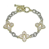 101372, 14K GOLD PLATED, CLOVER CUBIC ZIRCONIA DESIGNER INSPIRED TOGGLE BRACELET