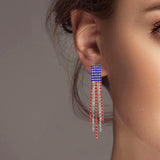 101645, AMERICAN FLAG CRYSTAL RHINESTONE TASSEL DROP EARRING