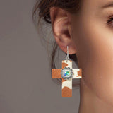 101647, CROSS COW PRINT FAUX LEATHER EARRING