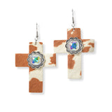 101647, CROSS COW PRINT FAUX LEATHER EARRING
