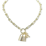 107457, 14K GOLD PLATED KEY LOCK CUBIC ZIRCONIA ACCENT DESIGNER INSPIRED NECKLACE