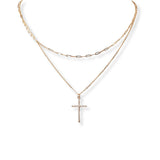 101983, DAINTY CROSS CUBIC ZIRCONIA DOUBLE LAYERED NECKLACE