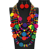 102053, ROUND GEOMETRIC WOOD BEADED MULTI LAYERED NECKLACE