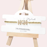 102065, "MOM" PAVE RHINESTONE STAINLESS STEEL BALL BEADED STRETCH BRACELET