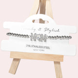 102065, "MOM" PAVE RHINESTONE STAINLESS STEEL BALL BEADED STRETCH BRACELET