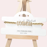 102066, "DOGMOM" PAVE RHINESTONE STAINLESS STEEL BALL BEADED STRETCH BRACELET