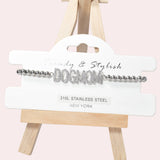 102066, "DOGMOM" PAVE RHINESTONE STAINLESS STEEL BALL BEADED STRETCH BRACELET