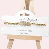 102067, "MAMA" PAVE RHINESTONE STAINLESS STEEL BALL BEADED STRETCH BRACELET