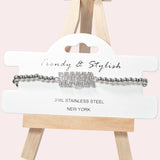 102067, "MAMA" PAVE RHINESTONE STAINLESS STEEL BALL BEADED STRETCH BRACELET