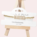 102068, "BLESSED" PAVE RHINESTONE STAINLESS STEEL BALL BEADED STRETCH BRACELET