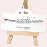 102068, "BLESSED" PAVE RHINESTONE STAINLESS STEEL BALL BEADED STRETCH BRACELET