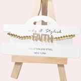 102069, "FAITH" PAVE RHINESTONE STAINLESS STEEL BALL BEADED STRETCH BRACELET