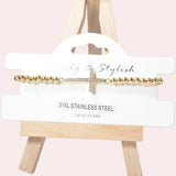 102070, CROSS PAVE RHINESTONE STAINLESS STEEL BALL BEADED STRETCH BRACELET