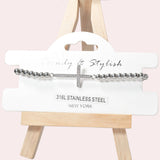 102070, CROSS PAVE RHINESTONE STAINLESS STEEL BALL BEADED STRETCH BRACELET