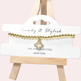 102071, CLOVER PAVE RHINESTONE STAINLESS STEEL BALL BEADED STRETCH BRACELET