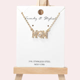 102072, "MOM" PAVE RHINESTONE STAINLESS STEEL PENDANT NECKLACE