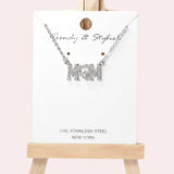 102072, "MOM" PAVE RHINESTONE STAINLESS STEEL PENDANT NECKLACE