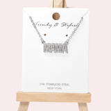 102073, "MAMA" PAVE RHINESTONE STAINLESS STEEL PENDANT NECKLACE