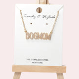102074, "DOGMOM" PAVE RHINESTONE STAINLESS STEEL PENDANT NECKLACE