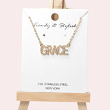 102075, "GRACE" PAVE RHINESTONE STAINLESS STEEL PENDANT NECKLACE