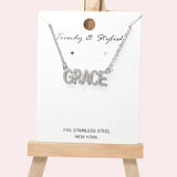 102075, "GRACE" PAVE RHINESTONE STAINLESS STEEL PENDANT NECKLACE