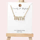 102076, "FAITH" PAVE RHINESTONE STAINLESS STEEL PENDANT NECKLACE