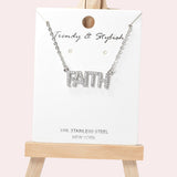 102076, "FAITH" PAVE RHINESTONE STAINLESS STEEL PENDANT NECKLACE