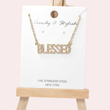 102077, "BLESSED" PAVE RHINESTONE STAINLESS STEEL PENDANT NECKLACE