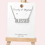 102077, "BLESSED" PAVE RHINESTONE STAINLESS STEEL PENDANT NECKLACE