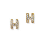 102091, GOLD DIPPED, "H" CUBIC ZIRCONIA STUD EARRING