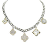 107456, 14K GOLD PLATED MOTHER OF PEARL CUBIC ZIRCONIA CLOVER MULTI CHARM DESIGNER INSPIRED NECKLACE