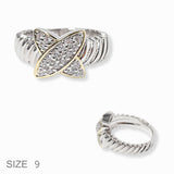 102233, TWO TONE WITH CLEAR MICRO PAVE CUBIC ZIRCONIA DESIGNER INSPIRED RING