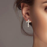 102289, CROSS CUBIC ZIRCONIA STUD EARRING