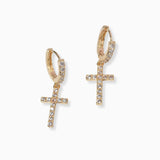 102290, CROSS CUBIC ZIRCONIA DANGLE HUGGIE HOOP EARRING