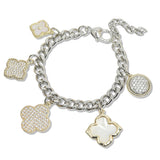 107460, 14K GOLD PLATED MOTHER OF PEARL CUBIC ZIRCONIA CLOVER MULTI CHARM DESIGNER INSPIRED BRACELET