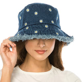 102312, DAISY FLOWER EMBROIDERED DENIM BUCKET HAT