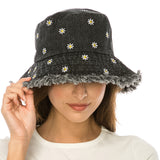 102312, DAISY FLOWER EMBROIDERED DENIM BUCKET HAT