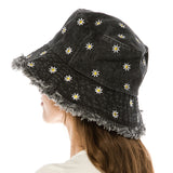 102312, DAISY FLOWER EMBROIDERED DENIM BUCKET HAT
