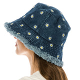 102312, DAISY FLOWER EMBROIDERED DENIM BUCKET HAT