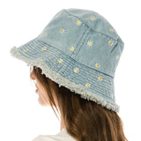 102312, DAISY FLOWER EMBROIDERED DENIM BUCKET HAT