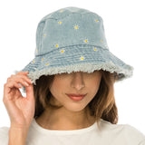 102312, DAISY FLOWER EMBROIDERED DENIM BUCKET HAT