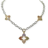 102369, 14K GOLD PLATED, CLOVER FLOWER CUBIC ZIRCONIA DESIGNER INSPIRED NECKLACE