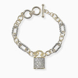 102377, 14K GOLD PLATED, LOCK CUBIC ZIRCONIA DESIGNER INSPIRED TOGGLE BRACELET
