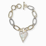 102379, 14K GOLD PLATED, MOTHER OF PEARL HEART DESIGNER INSPIRED TOGGLE BRACELET